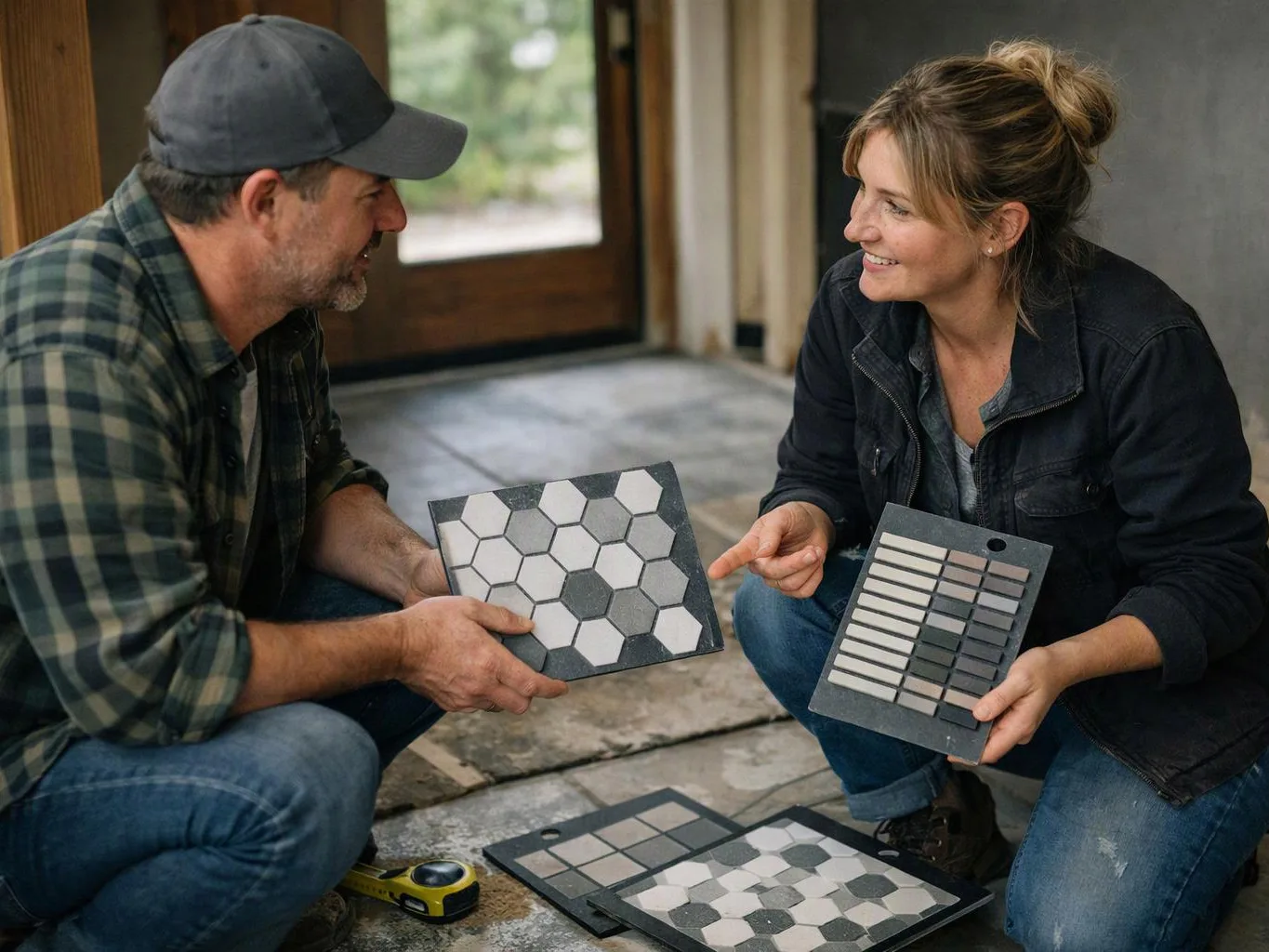 Two people crouch indoors, comparing tile samples and talking over a floor layout