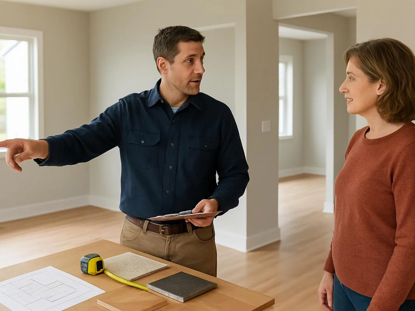 Two people stand in an empty room, one pointing while holding a clipboard beside a table with measuring tools