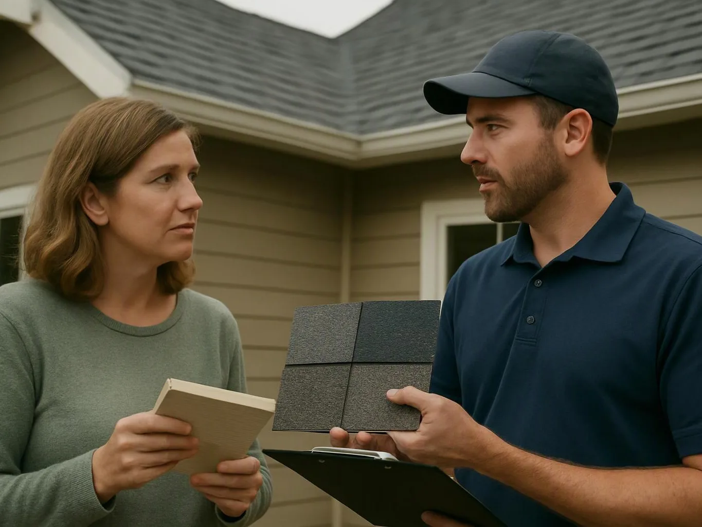 Two people stand outside a house, looking at roof shingles and holding clipboards