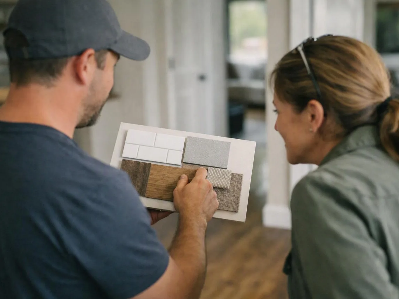 Two people study a wall sample board with tile, wood, and fabric swatches in a bright room