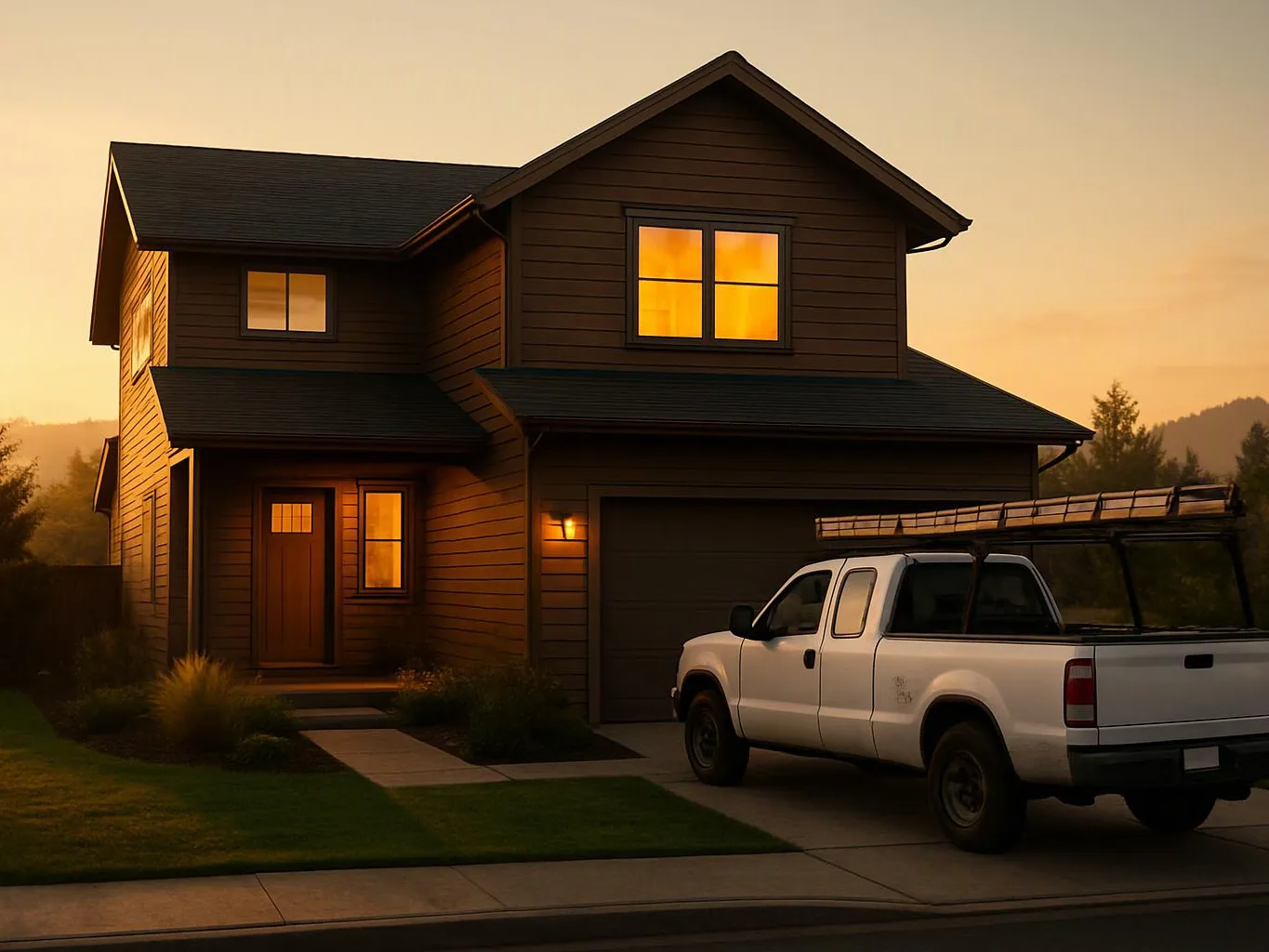 A two-story brown house glows at sunset, with a white pickup truck parked in the driveway