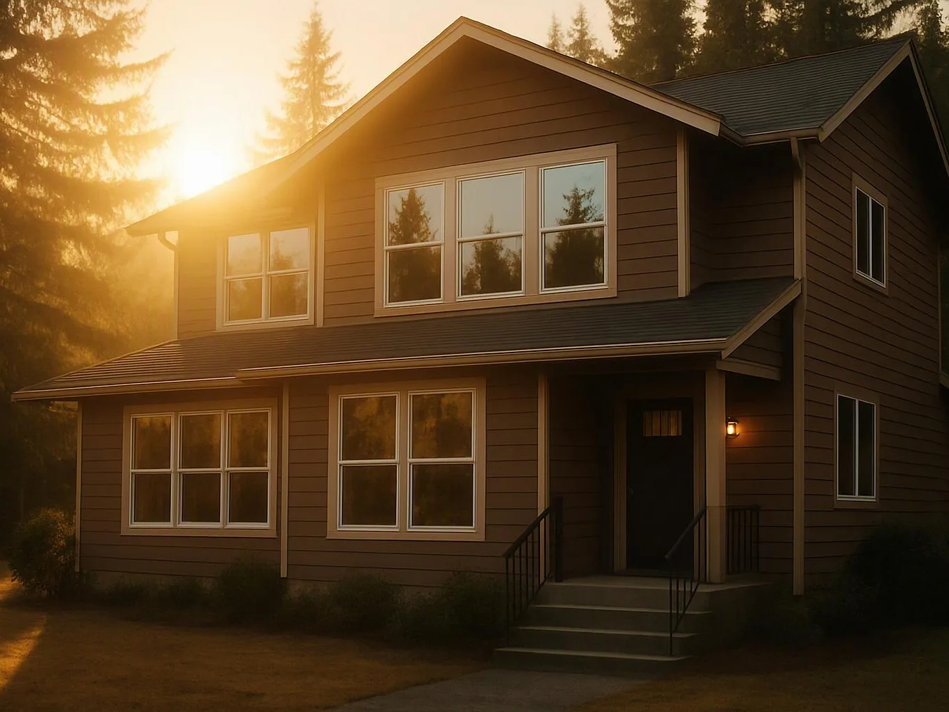 A two-story brown house stands in warm sunrise light among tall pine trees