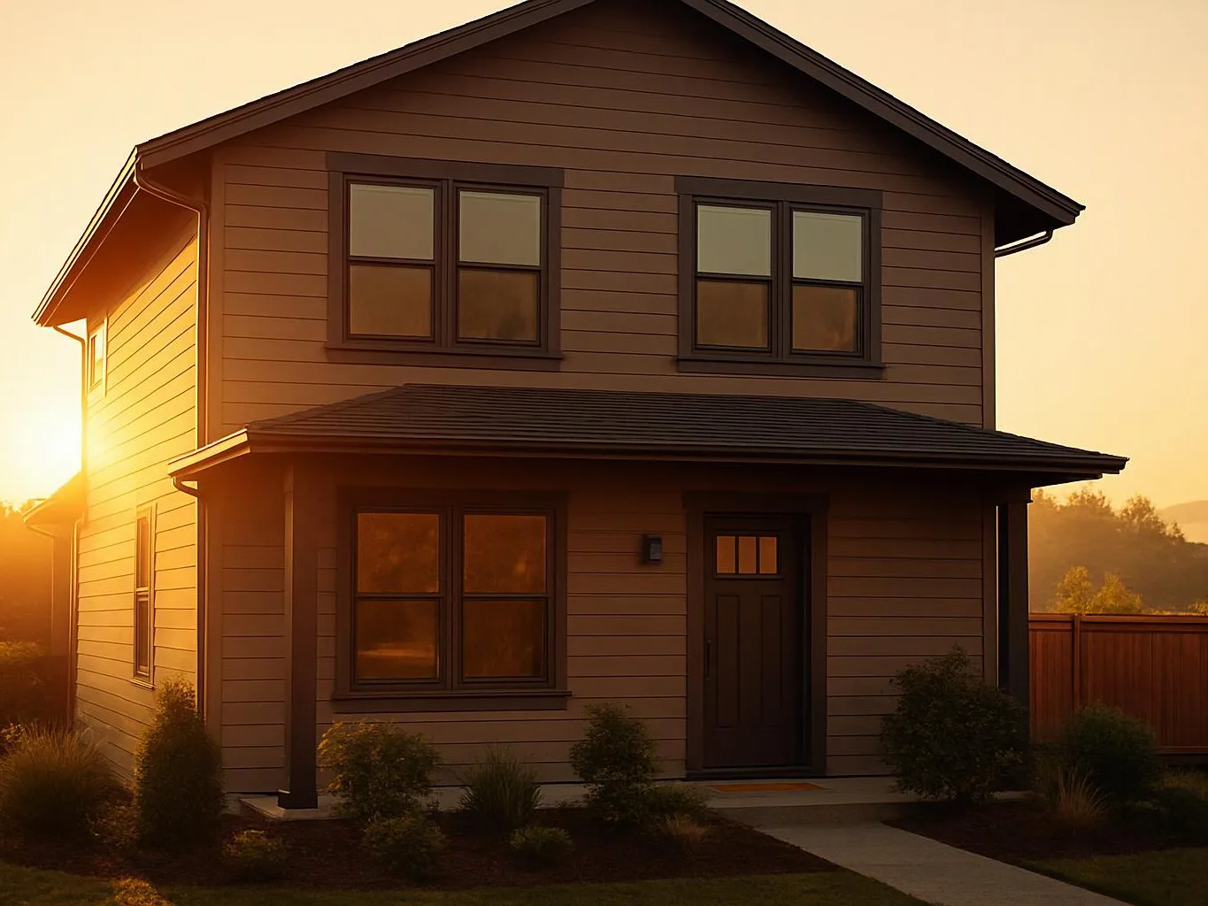 A two-story house with dark trim stands in warm sunset light beside a fenced yard