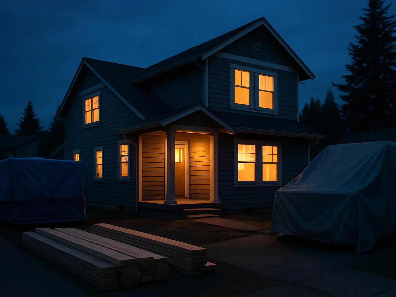 A two-story house glows at dusk, with covered vehicles and stacked lumber in the dark yard
