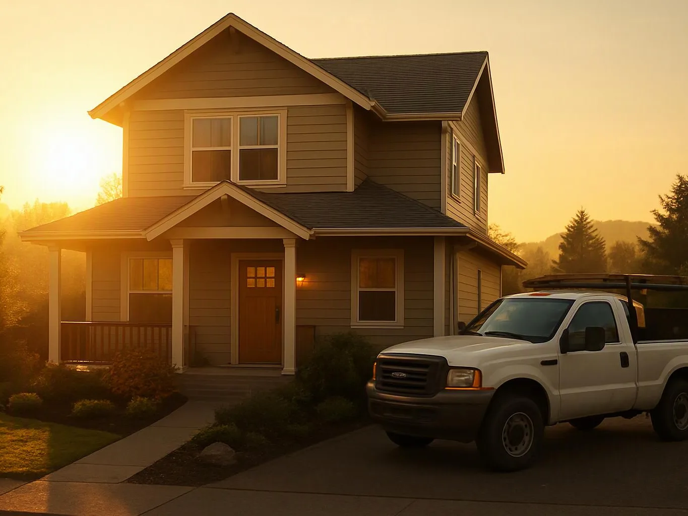 A two-story house glows in sunset light beside a white pickup truck in the driveway