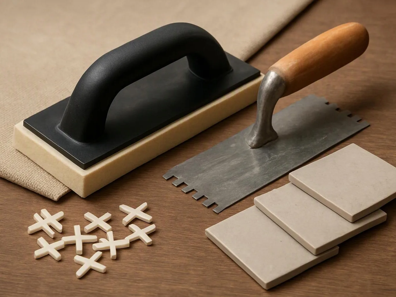 Two trowels, cream tile samples, and small white crosses sit on a wooden surface