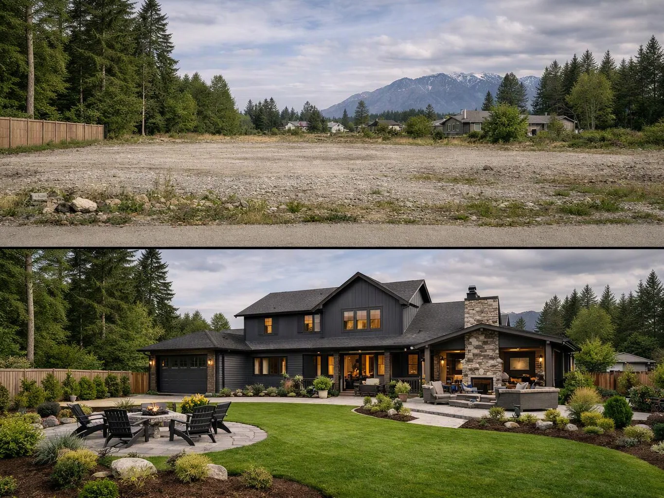 A vacant gravel lot becomes a landscaped house with a dark exterior, stone chimney, patio, and mountain backdrop