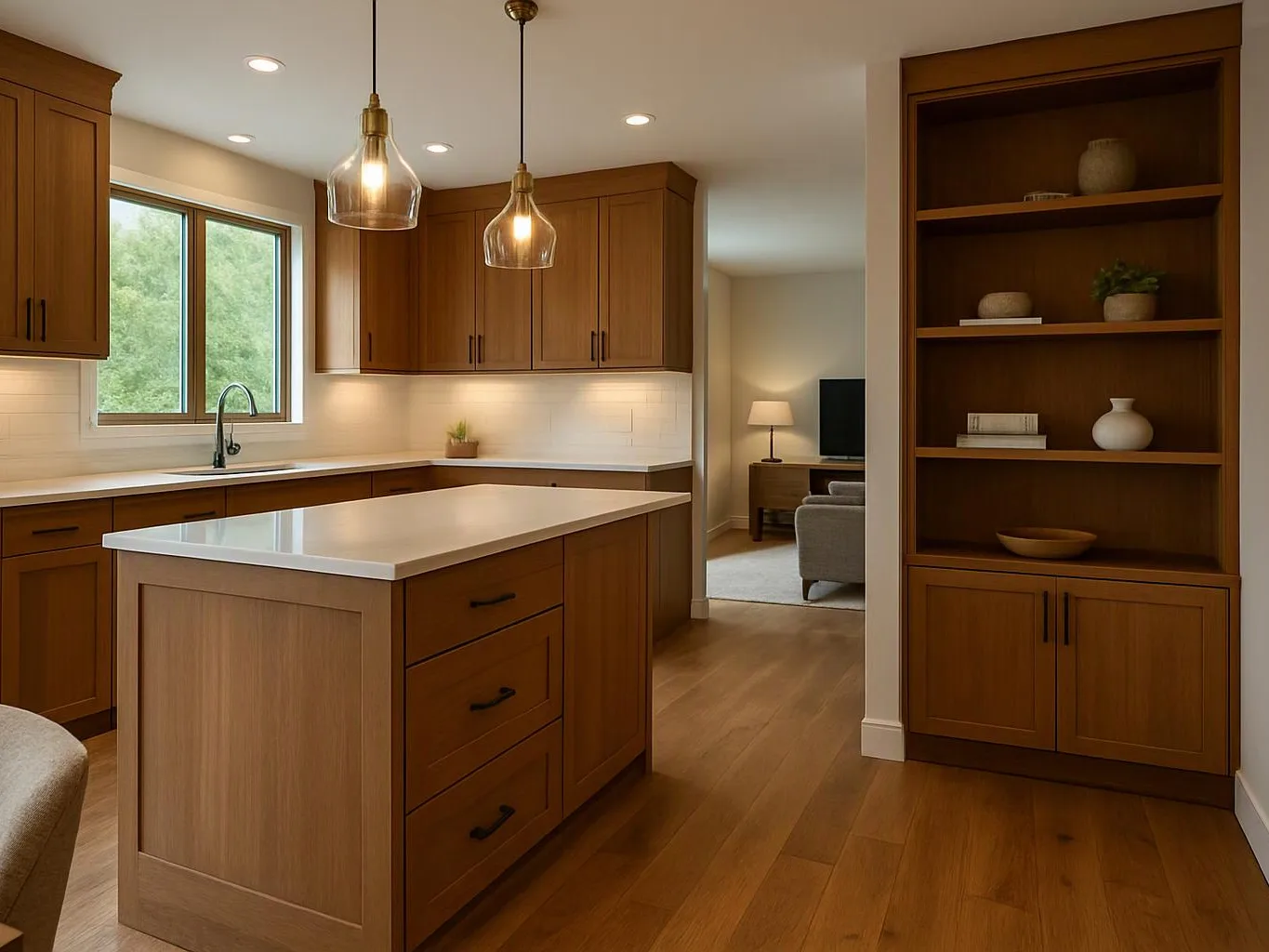 A warm modern kitchen shows wood cabinets, a white island, pendant lights, and a view into a living room