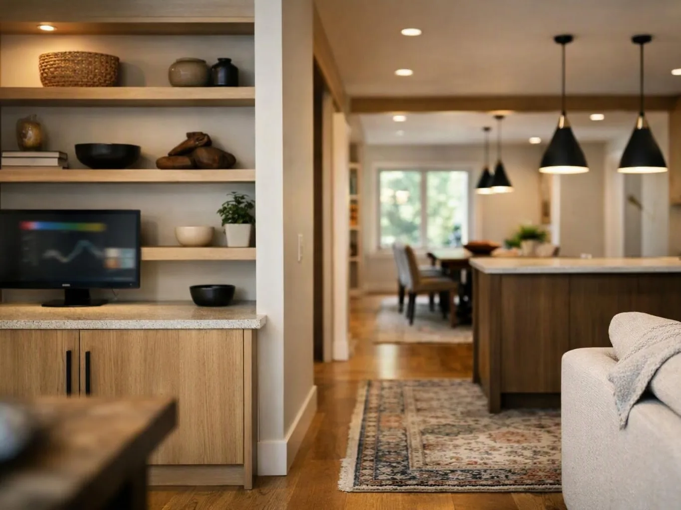 A warm open-plan living space shows built-in shelves, a kitchen island, pendant lights, and a dining area with a window