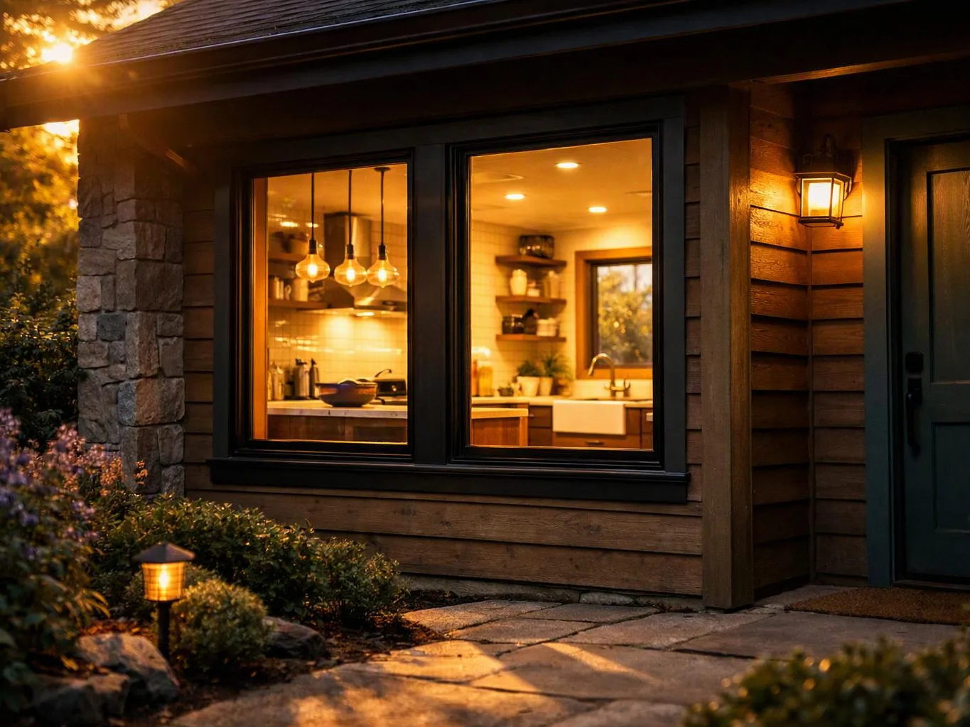 A warmly lit house exterior shows a kitchen through a large window at sunset