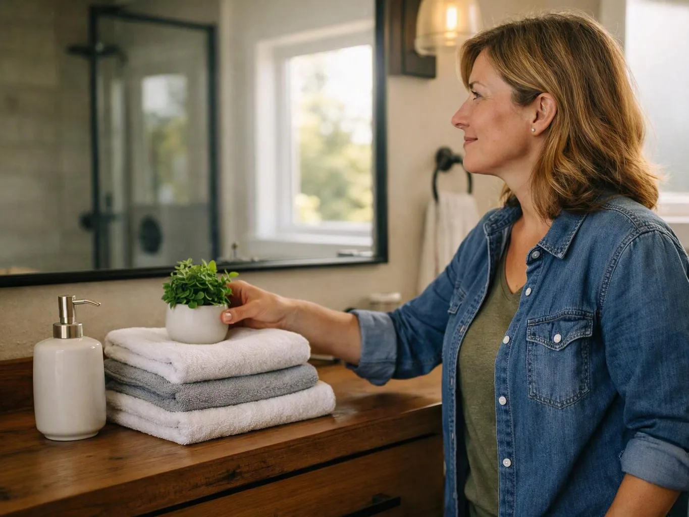 A woman in a bathroom places a small potted plant beside folded towels and a soap dispenser
