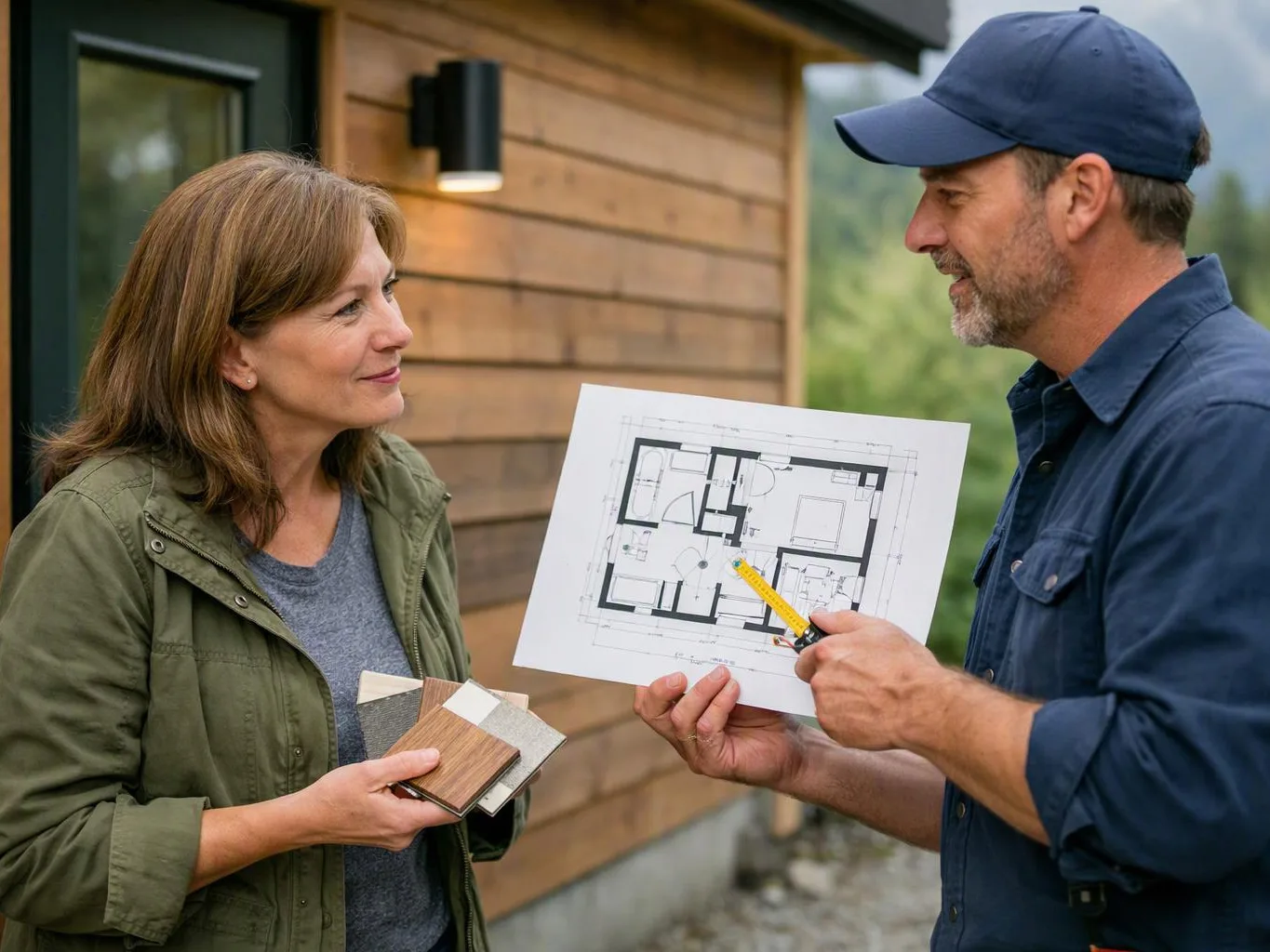 A woman and a man review a house floor plan and material samples beside a wooden exterior wall