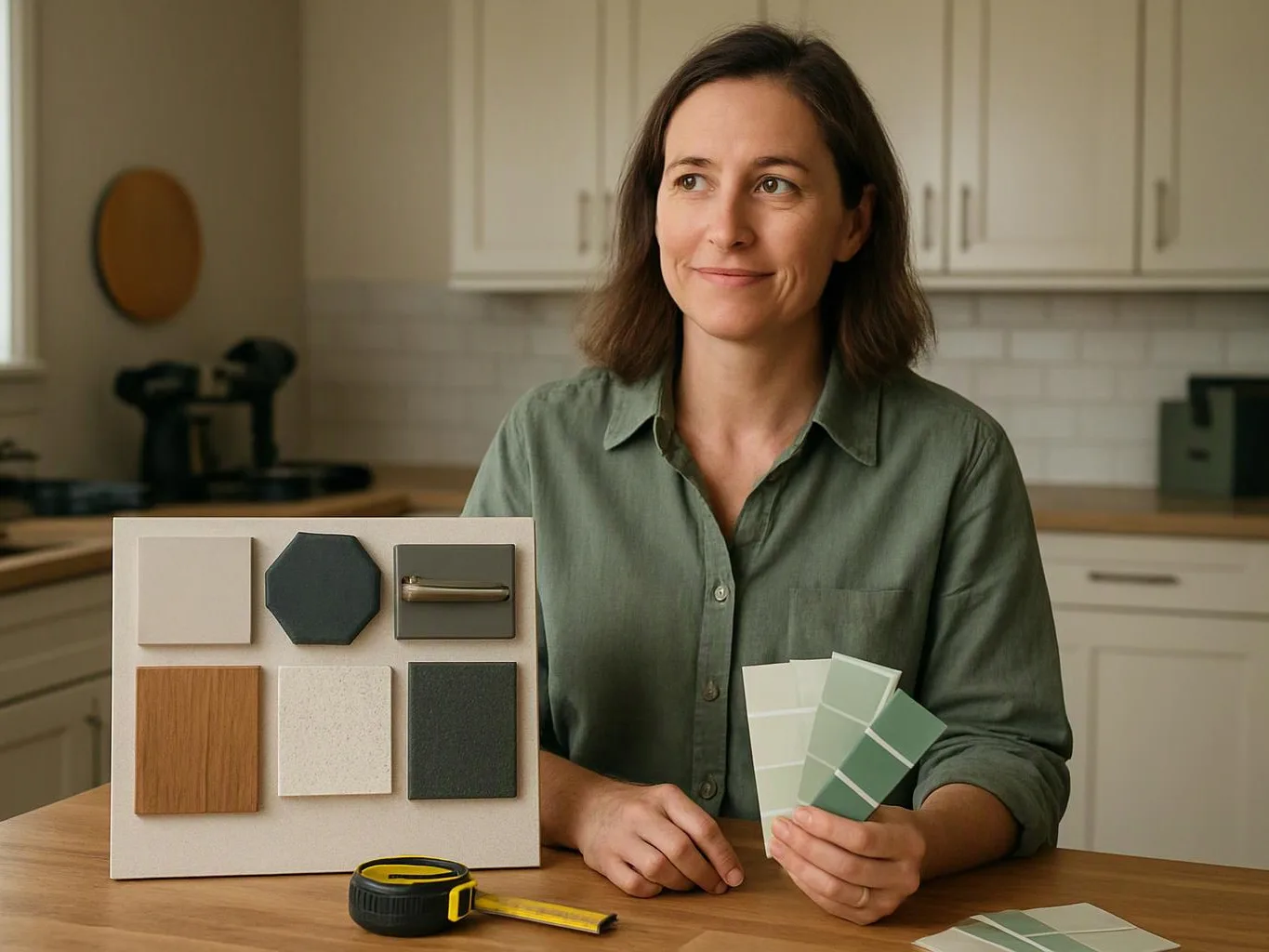 A woman sits at a kitchen table holding paint swatches beside a sample board and tape measure