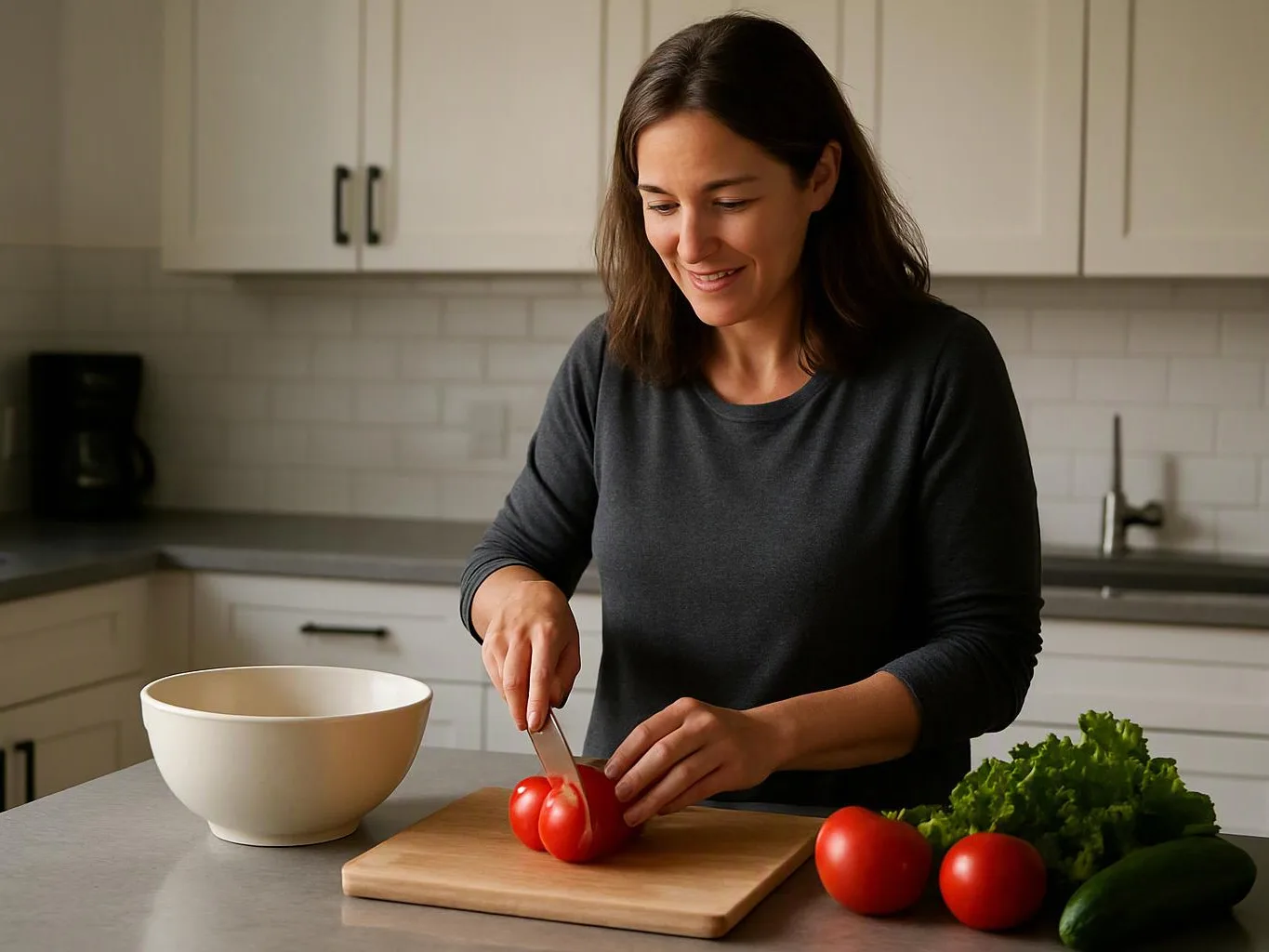 A woman slices a tomato on a cutting board in a bright kitchen, with a bowl and vegetables nearby