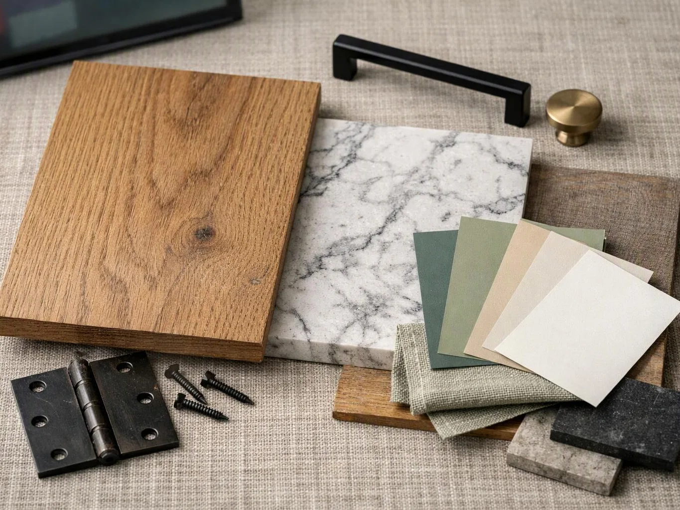 Wood, marble, paint swatches, hardware, and fabric samples are arranged on a textured surface