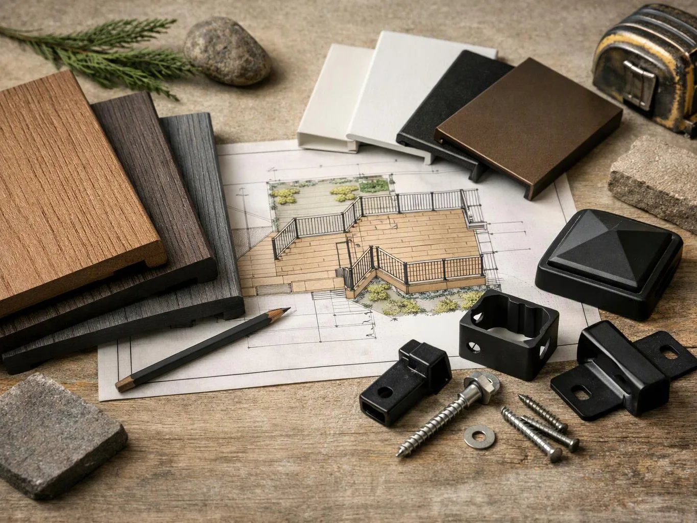Wood and metal sample pieces surround a deck plan drawing with screws, a pencil, and small hardware on a tabletop