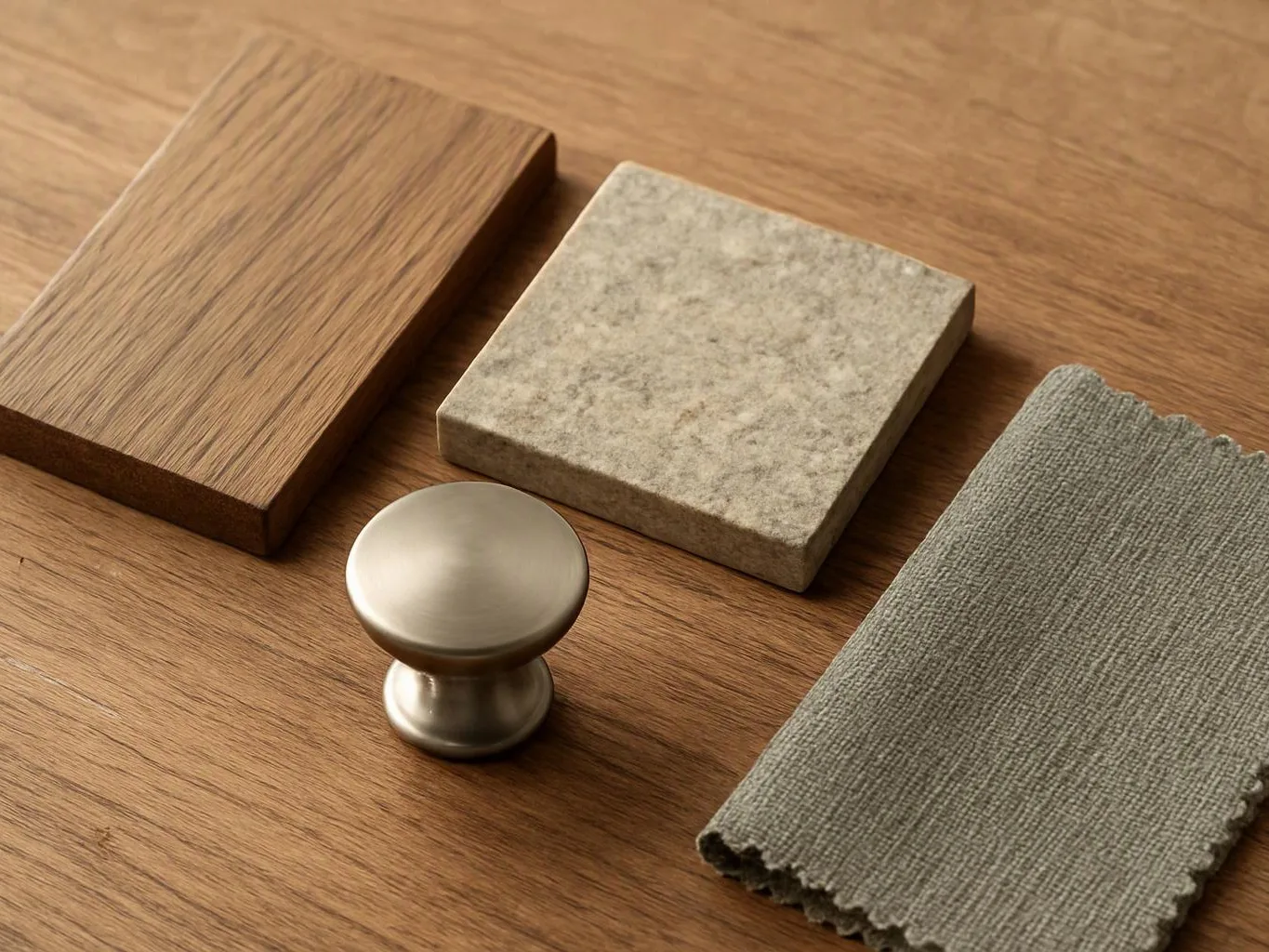 Wood, stone, fabric samples, and a metal knob sit on a wooden tabletop