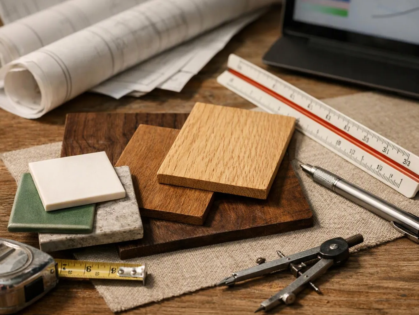 Wood and stone samples, rulers, a pencil, and a laptop sit on a worktable with rolled plans