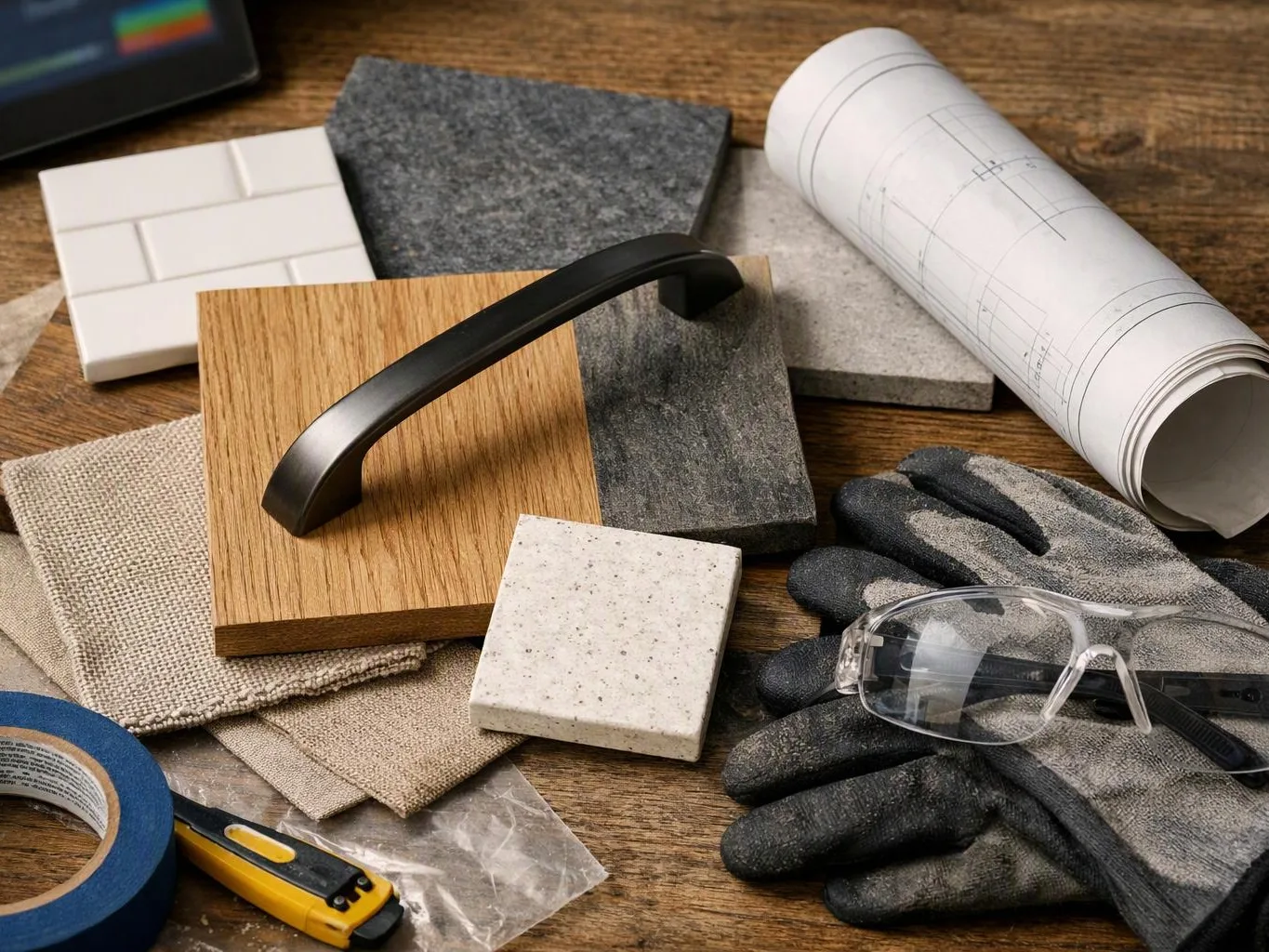 Wood, tile, fabric, gloves, glasses, and a rolled blueprint sit on a worktable with a cabinet handle sample