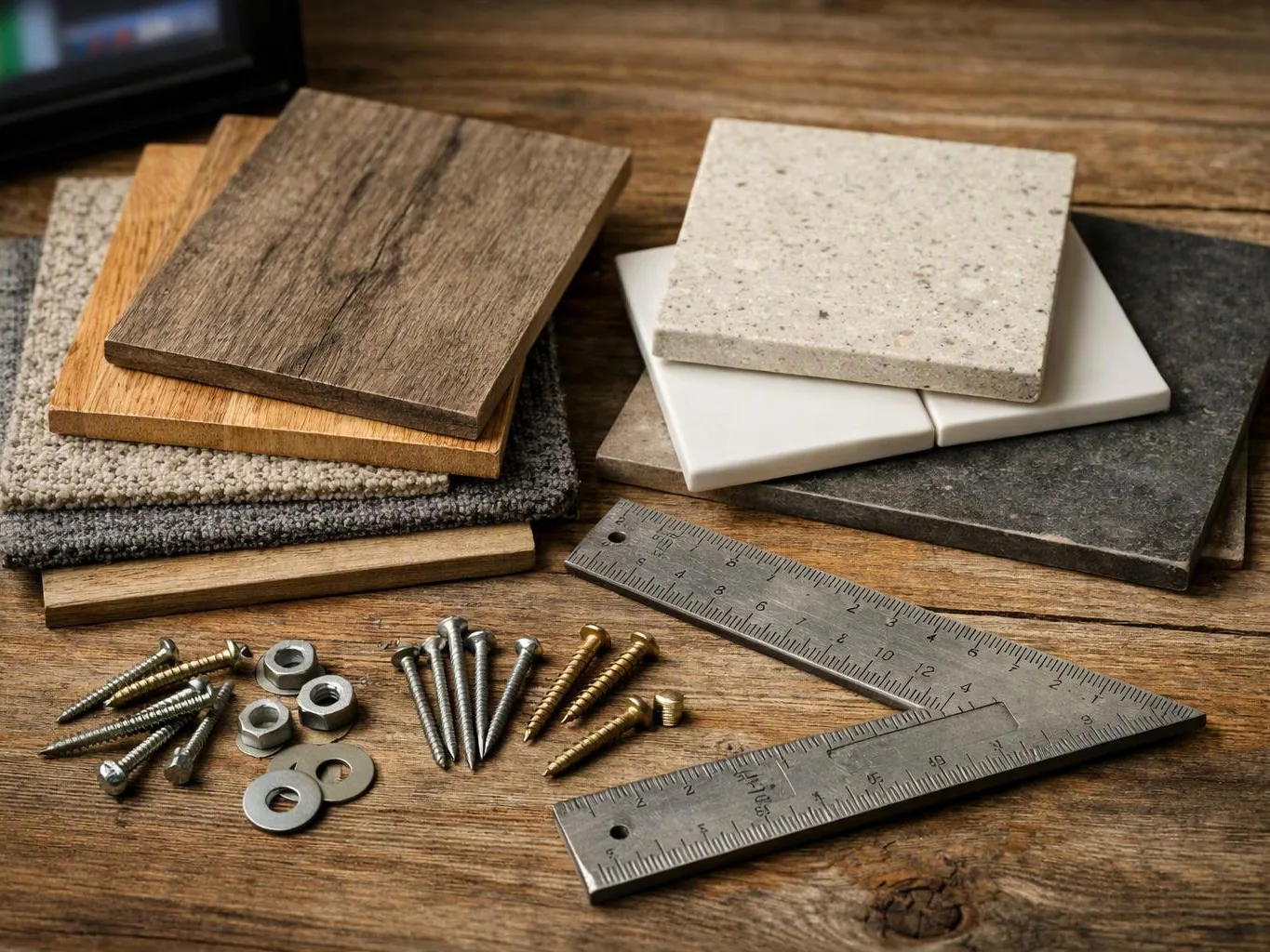 Wood and tile sample boards, screws, washers, and metal rulers lie on a wooden workbench