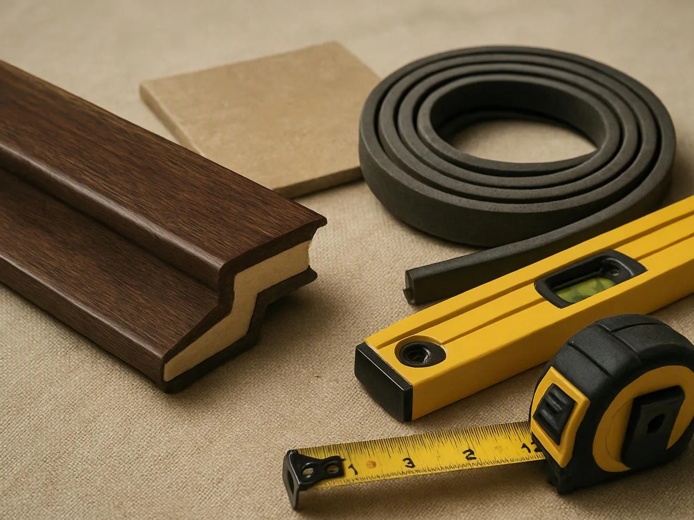 Wood trim samples, a tile, a rolled gasket, and yellow measuring tools on beige fabric