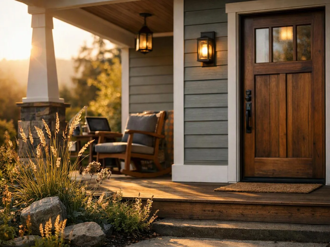 A wooden front door and lit porch lanterns face a rocking chair on a sunlit house porch