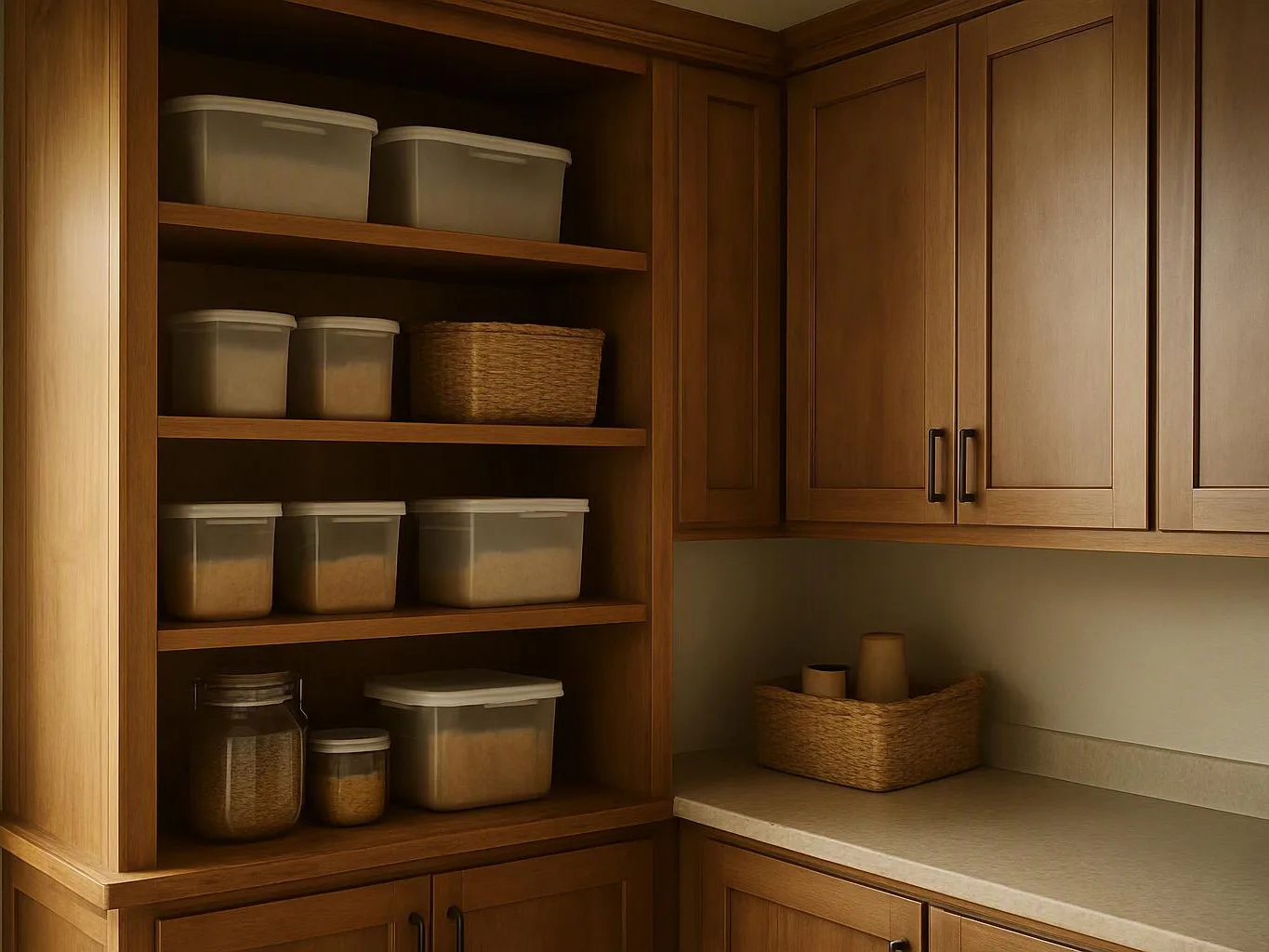 Wooden kitchen cabinets and shelves hold clear food containers, jars, and woven baskets beside an empty countertop