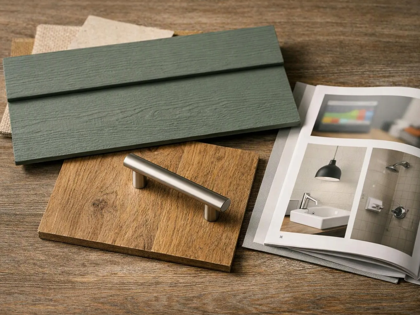 Wooden and painted sample boards sit beside a metal handle and an open design catalog on a table