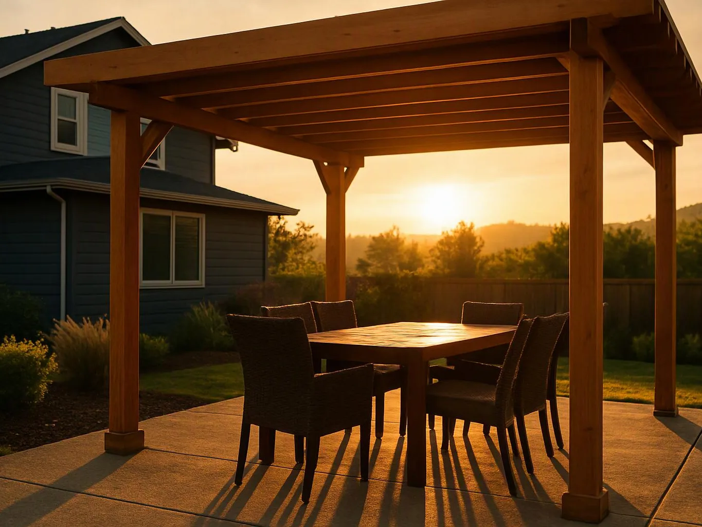 A wooden pergola shades an outdoor table with chairs in a backyard at sunset