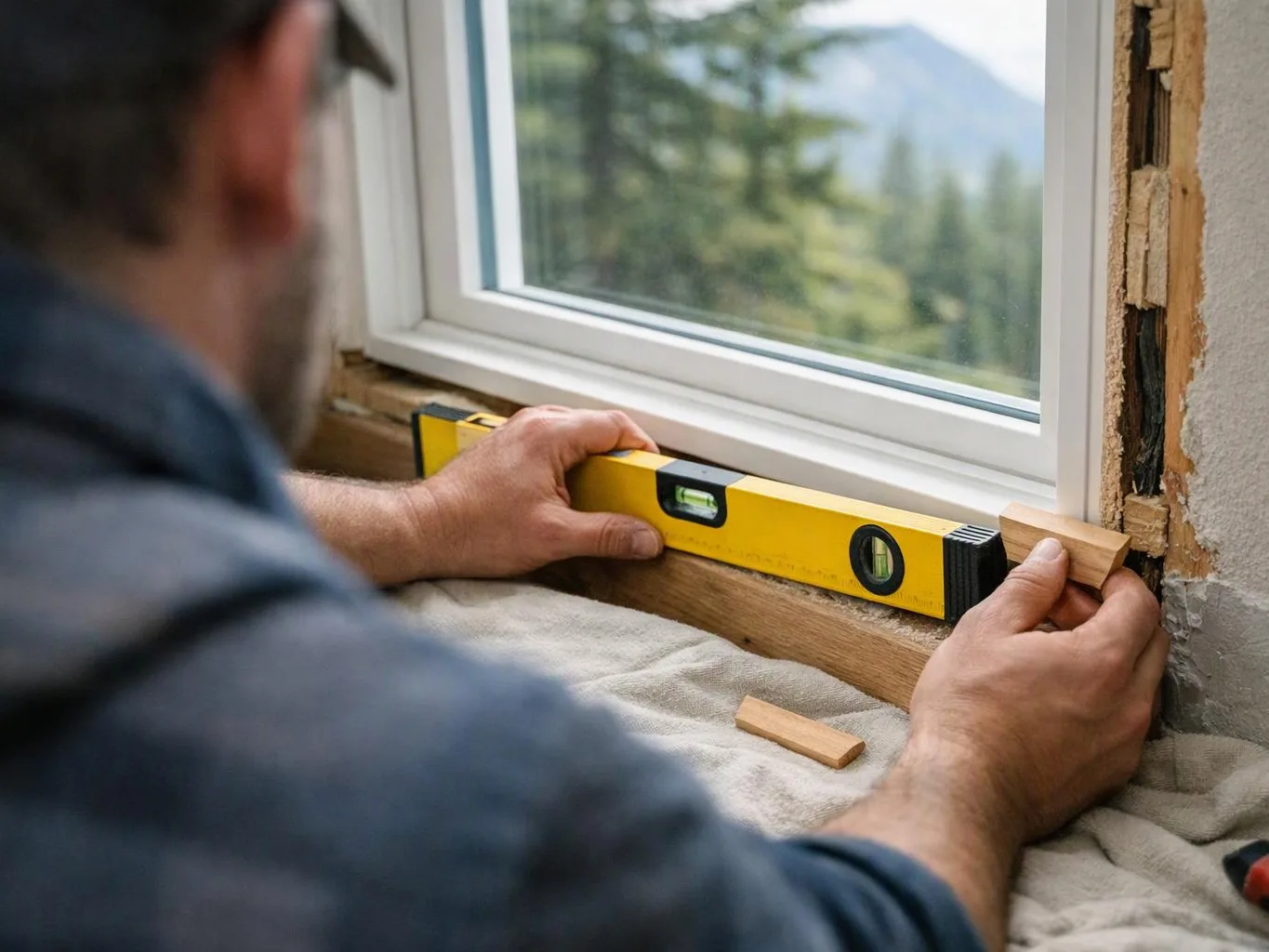 A worker levels a window frame with a yellow spirit level in a partly finished wall