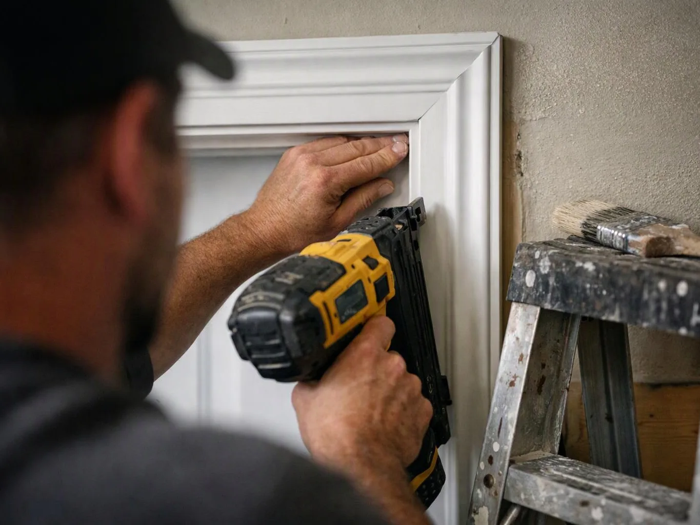 A worker pins white trim while using a yellow nail gun beside a ladder and paintbrush