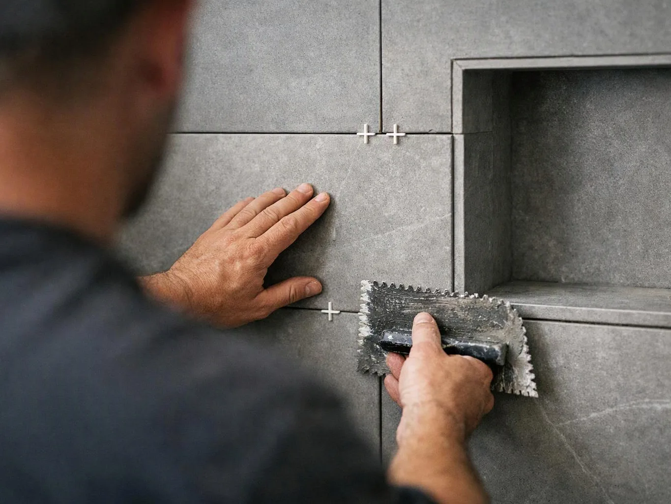 A worker presses gray wall tiles while spreading adhesive with a notched trowel beside a recessed shelf